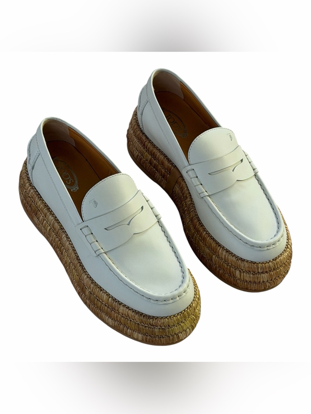 🍀🌼🍀 TOD’S Leather and raffia platform loafers size 7 US/ 37 European - Picture 12 of 16